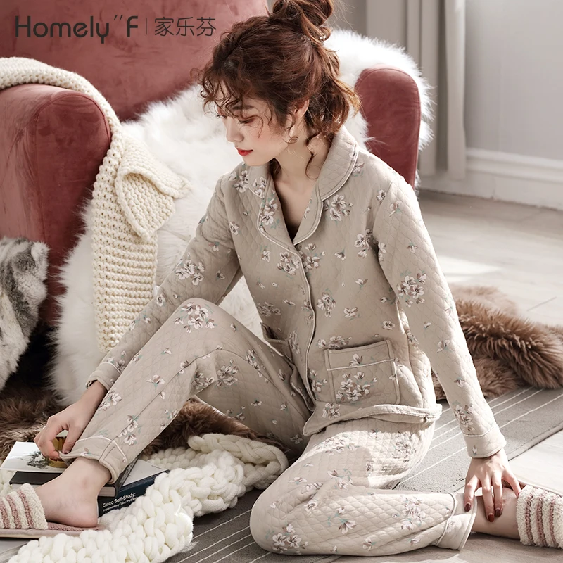 

Пижама женская осенне-зимняя Толстая Домашняя одежда из чистого хлопка с длинным рукавом хлопковый теплый костюм с хлопковой подкладкой