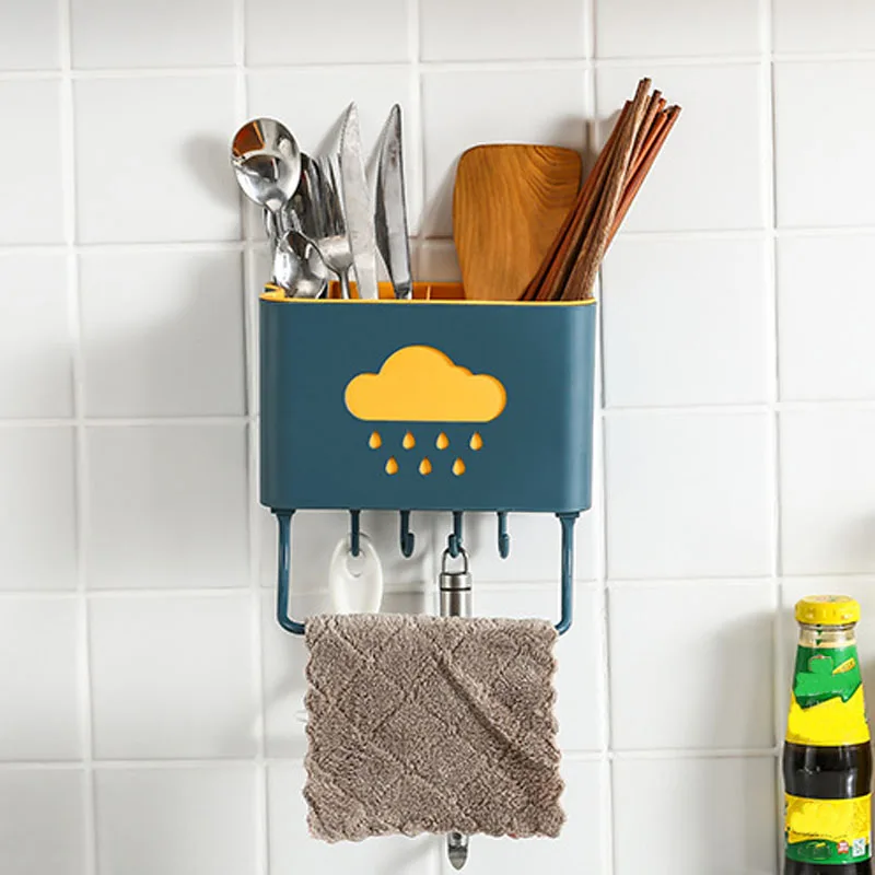 

Self-adhesive Wall Mount Drain Rack Chopsticks Storage Basket Tableware Holder Towel Hook Kitchen Accessories