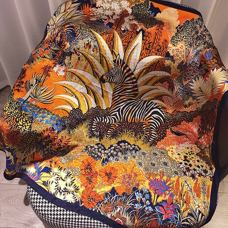 

Popular Kerchief Female Fine Chain Print Silk Scarf Fashion 90X90CM Square Bandana Summer Sunscreen High-Grade Satin Beach Shawl