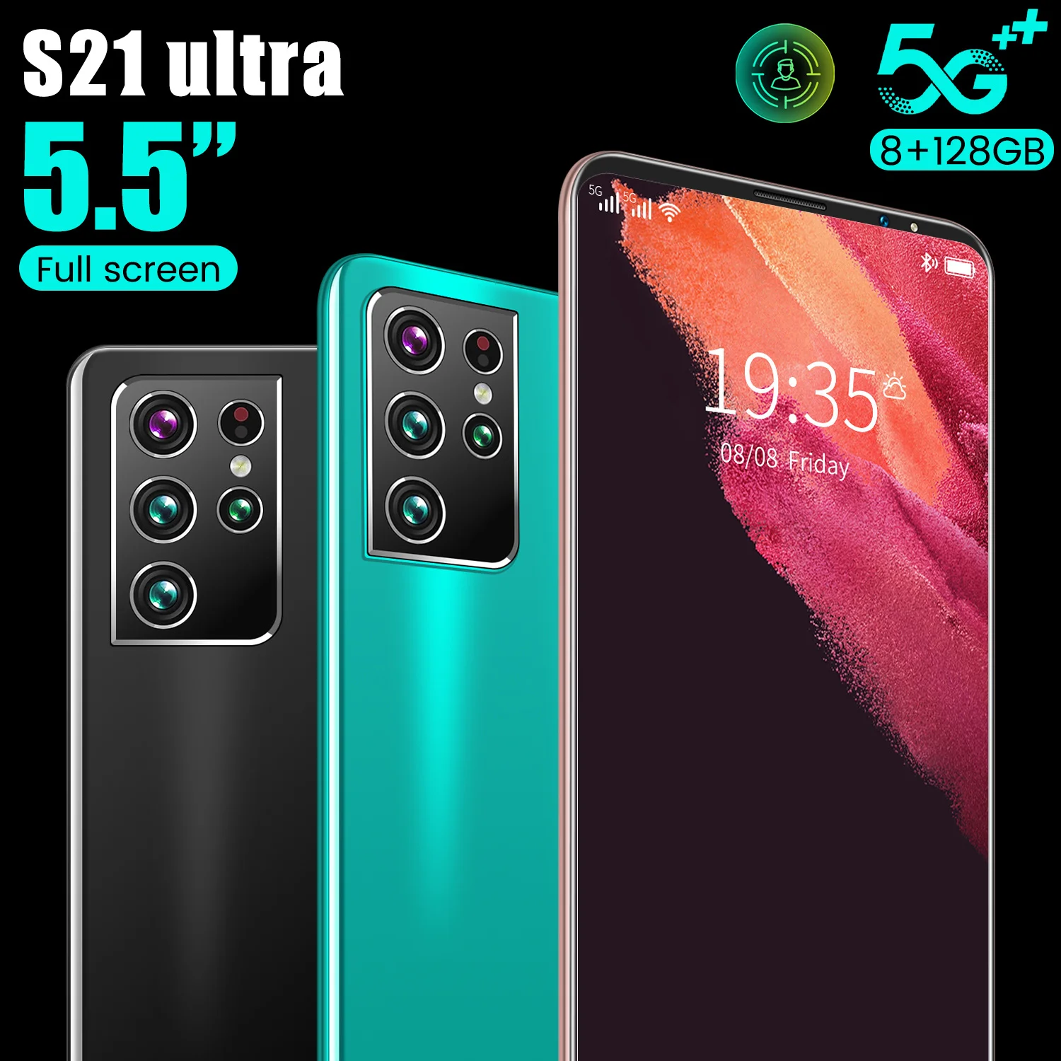 

2021 Galxy S21 Ultra 10 Core MTK 6595 Smartphone 24+48MP 5.5 Inch Screen 5G LTE Mobilephone Dual SIM 4800mAh Battery Face Unlock