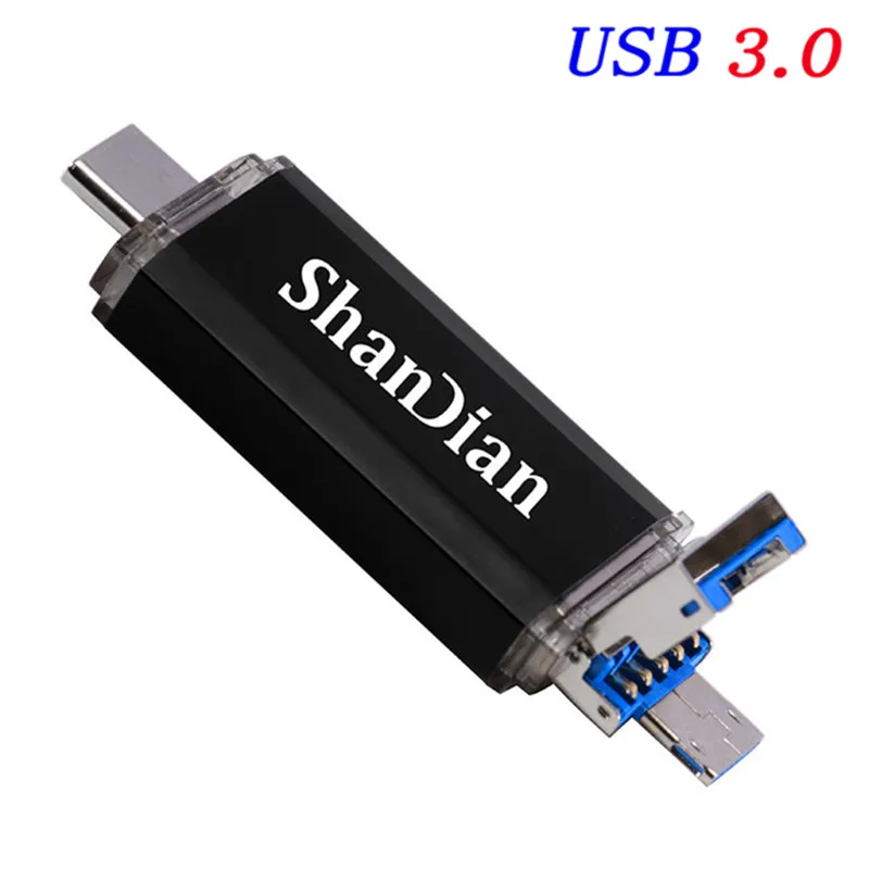 Black SHANDIAN OTG 3 в 1 взаимный обмен данными между компьютером и периферийными устройствами флэш-накопители USB3.0& Тип type-C и Micro USB 128 Гб 64 ГБ 32 ГБ оперативной памяти, 16 Гб встроенной памяти, 8 ГБ 4 ГБ на флэшке, двойной флеш-накопитель USB пользовательских - Цвет: Black