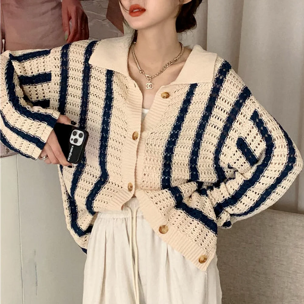 

Women Cardigan Blue 2021 Fashion Knitted Long Sleeve Stripe Sweater Autumn Winter Casual Loose V Neck Oversized Tops Red Jumpers