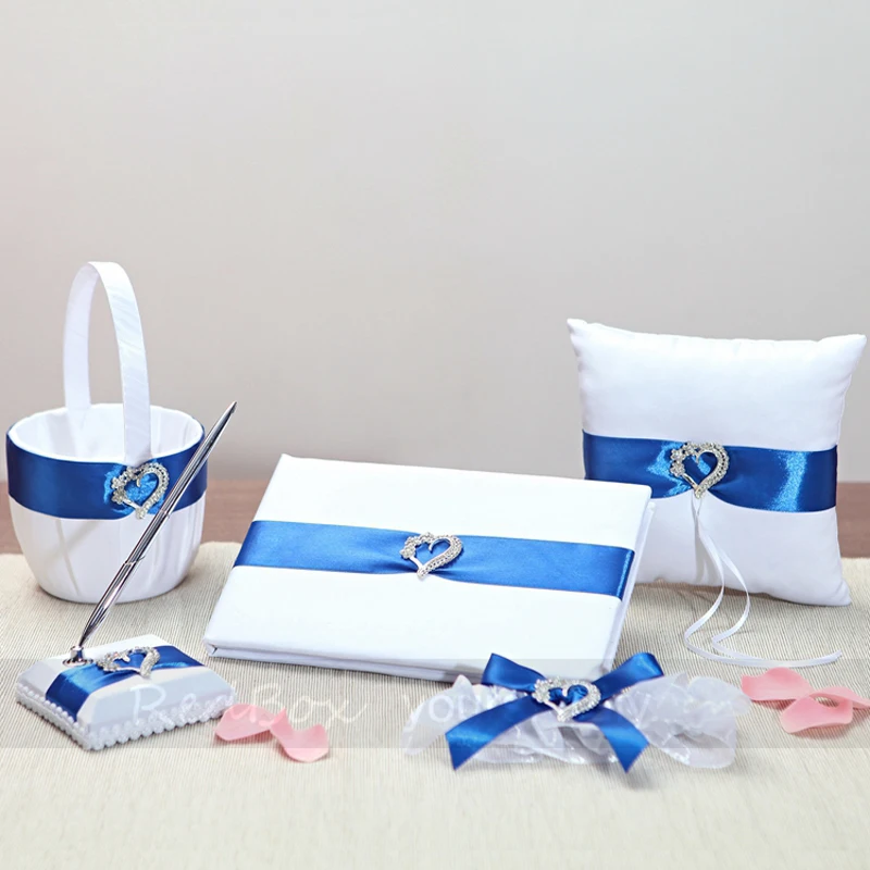 

5Pcs/set Top quality Blue Satin Wedding Supplies Ring Pillow Flower Basket garter Guest Book Pen Set bride decor accessories