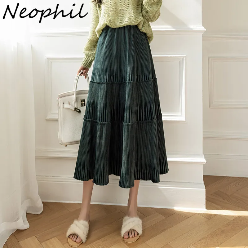 

Neophil Pleated Velvet Long Skirts Vintage 2022 Autumn Winter High Waist A-Line Skirt Elastic Korean Style Flare Faldas S21917