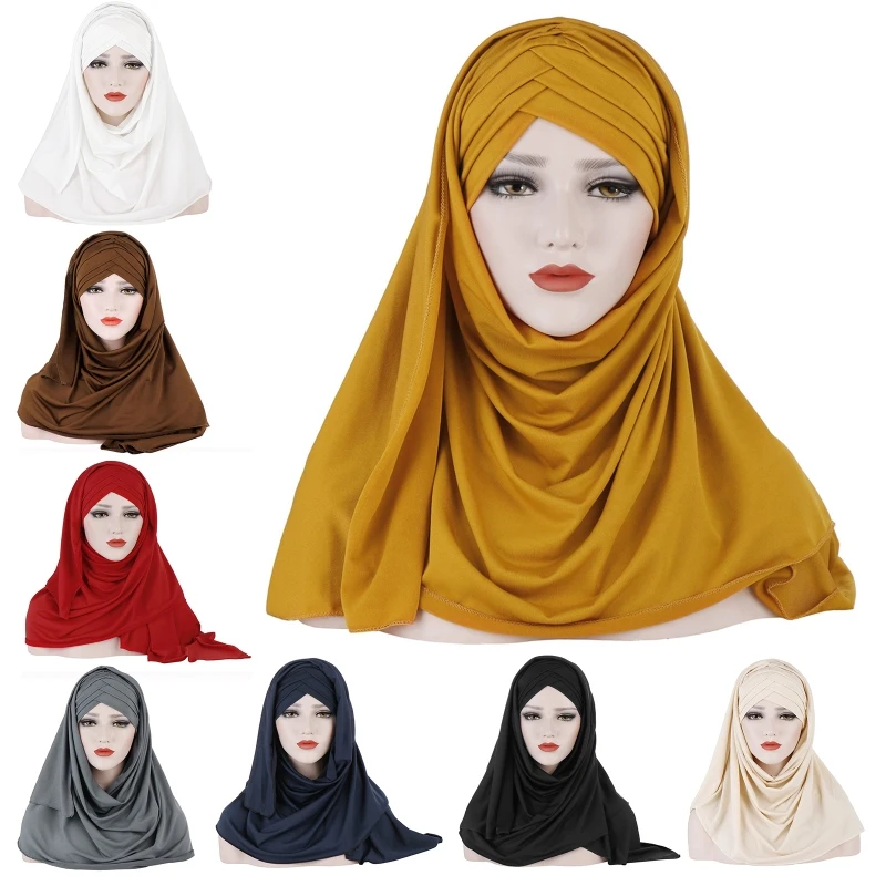 

Milk Filer Solid Color 2In1 Turban Hat Instant Scarf Muslim Hijab Cap Head Wrap
