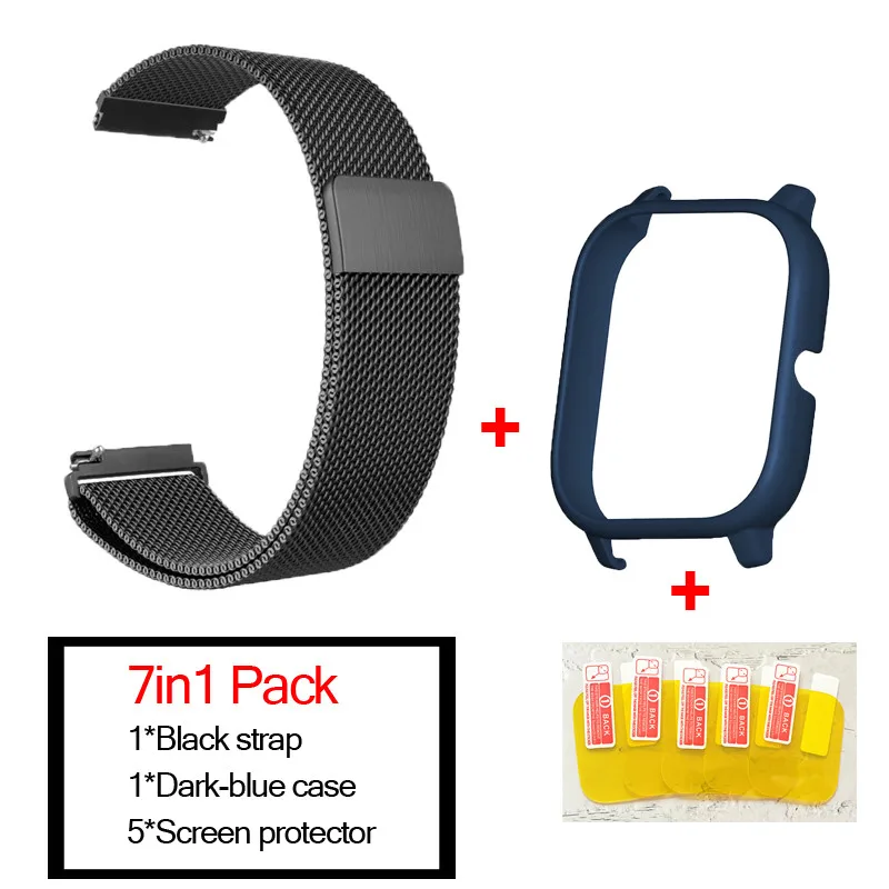 black-dark blue 7в1 умные часы аксессуары для Huami Amazfit GTS ремешок из нержавеющей стали магнитный браслет для Amazfit gts чехол Защитная пленка - Цвет: black-dark blue