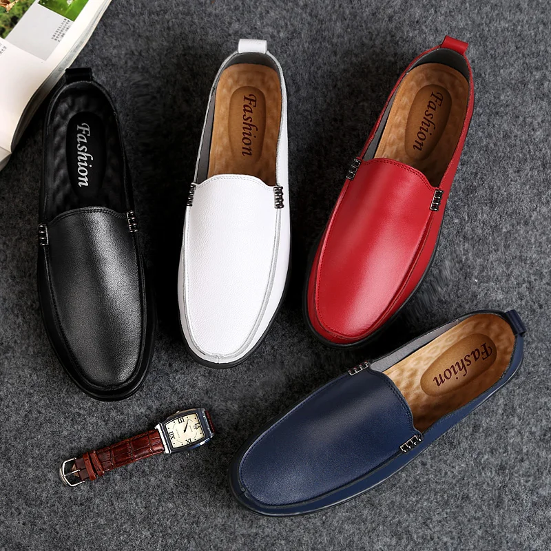 

Mens Loafers genuine Leather black White Casual Shoes Men Flats Loafer Luxury Brand Man Slip On Shoes moccasins Chaussure homme