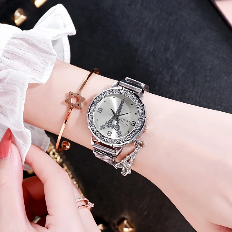 

Creative Women's Watches Paris Eiffel Tower Pendant Bracelet Fashion Belt Diamond Alloy Watch Women Digital Watches Clock Gift