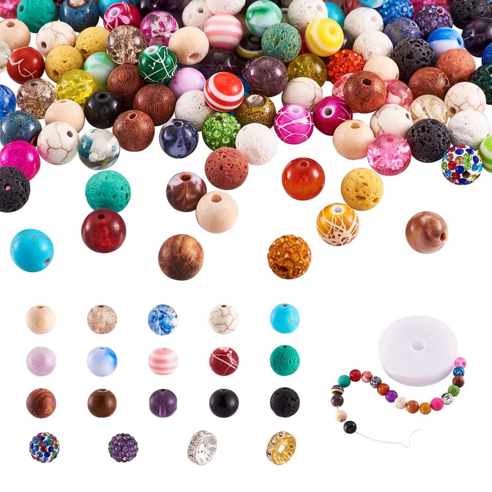 

1Set Mixed Color Rhinestone Spacer Beads Mixed Material Loose Round Bead with Elastic Crystal Thread for DIY Bracelet Making Kit