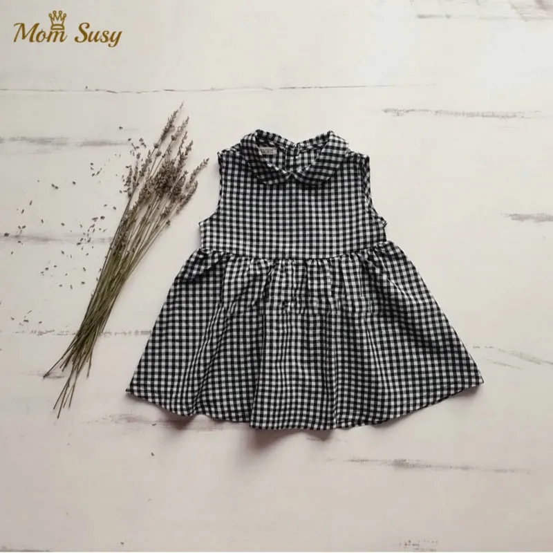 

Модное клетчатое платье принцессы для маленьких девочек; Винтажное хлопковое платье без рукавов с воротником «Питер Пэн»; Повседневная оде...