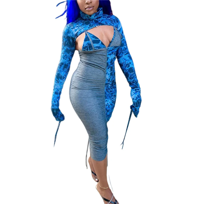 

New Hot Sale Fashion 2 Pieces Suit Set Women s Tie-Dye Print High Collar Long Sleeve Outerwear + V-Neck Slip Dress, Blue, S/M/L