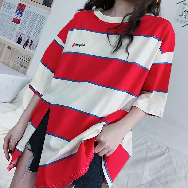 Женские футболки большого размера женские летние полосатые топы BF для студентов
