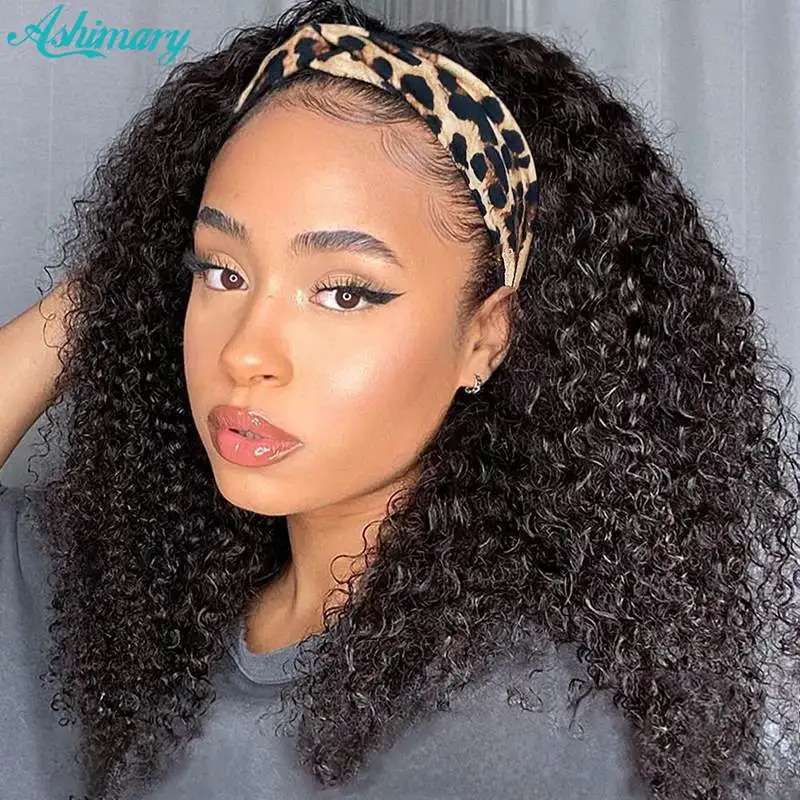 Glueless Ashimary Afro Kinky Curly Human Hair Wig Silk Headband Wigs for Women Human Hair Brazilian Half Wigs for Black Women