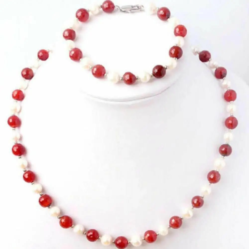 

Natural 7-8mm White Freshwater Pearl & Red Jade Necklace Bracelet Set 18''