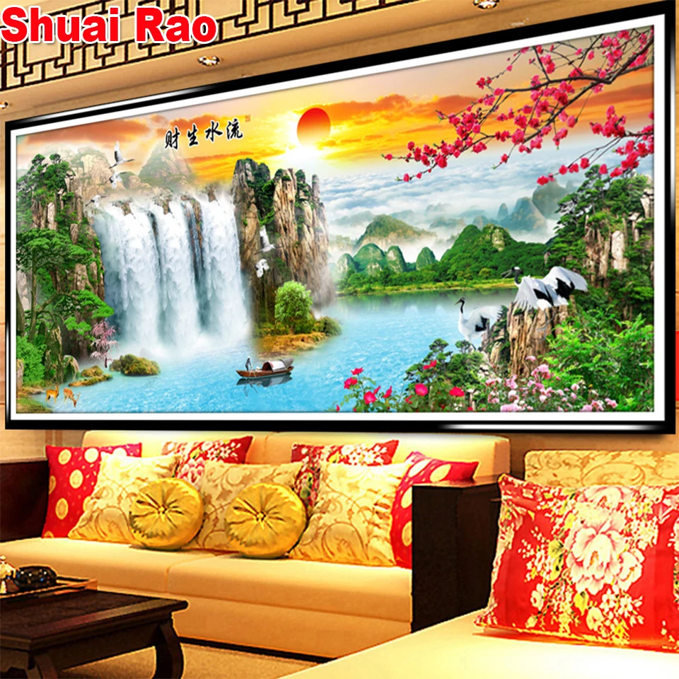 

5d DIY Diamond mosaic Waterfall feng shui scenery Diamond Painting Cross Stitch landscape Full Square Drill Embroidery 3d decor