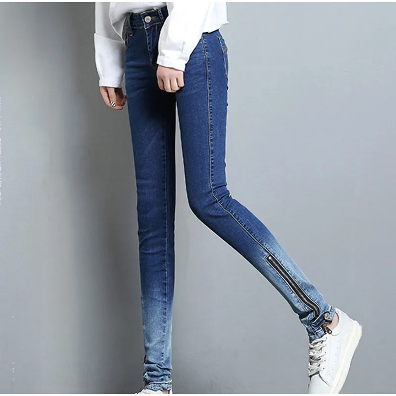 Женские джинсы весенние брюки на молнии с боковым подолом градиентные цвета
