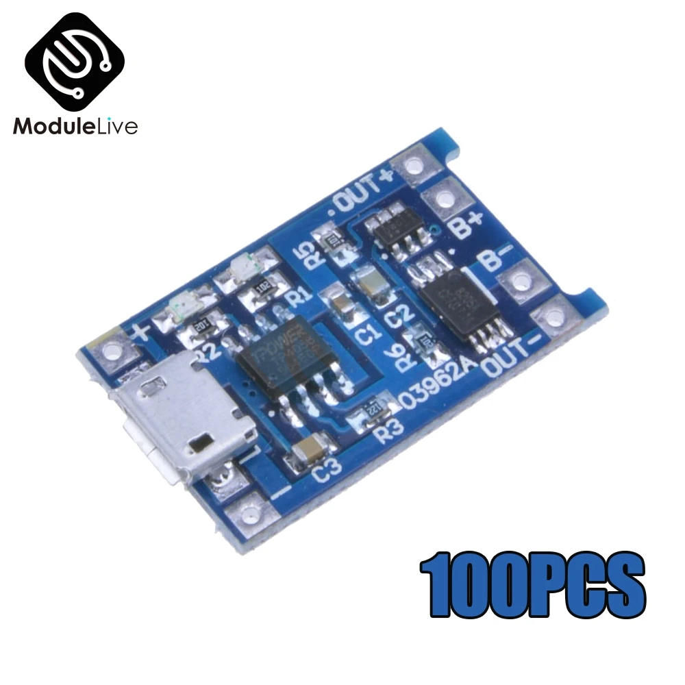 

100PCS Micro USB 5V 1A 18650 TC4056A Lithium Battery Charger Module Charging Board With Dual Functions Led Indicator