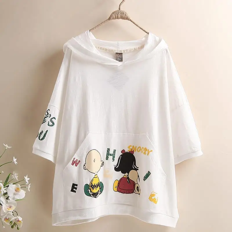 

New Summer Plus Size Women's Hooded Tops with Pocket Cartoon Print Loose Short-sleeved Women's T-shirt