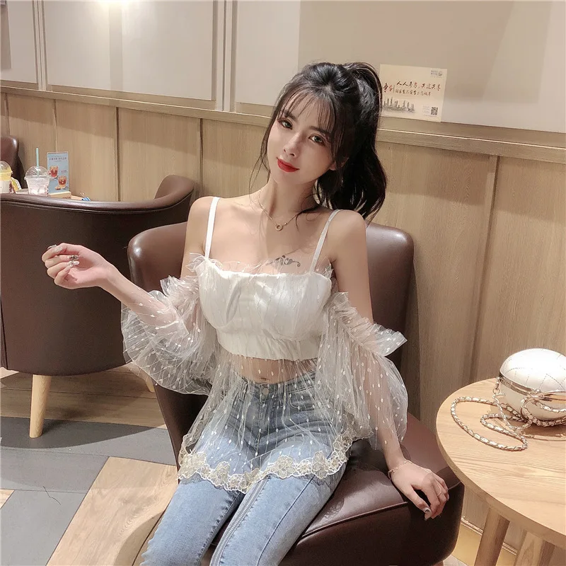 

2021 Autumn New Style Nightclub Sexy Women's Halter Top Heavy Industry Net Embroidery Stitching to Show Thin Vest