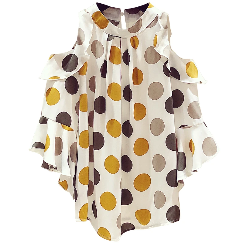 Chemisier en mousseline de soie pour femmes, épaules dénudées, à pois, manches évasées, à volants, à la mode, coupe ample, nouvelle collection été 2021