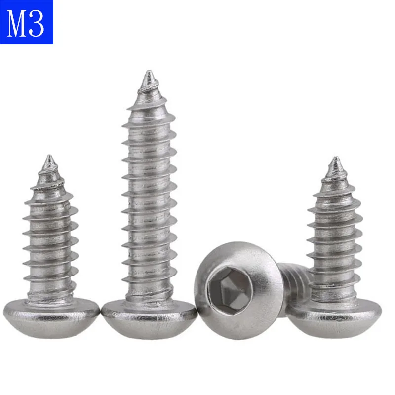 

M3 ( 3mm ) 304 Stainless Steel A2 Button Head Socket Cap Self Tapping Screws Hex Drive