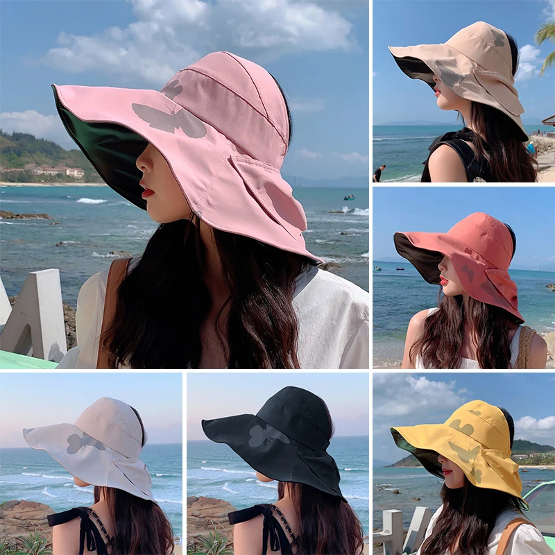 

New Women Summer UV Protection Sun Hat Female Ponytail Bucket Hat With Neck Flap Outdoor Traveling Beach Cap Empty Top Hats