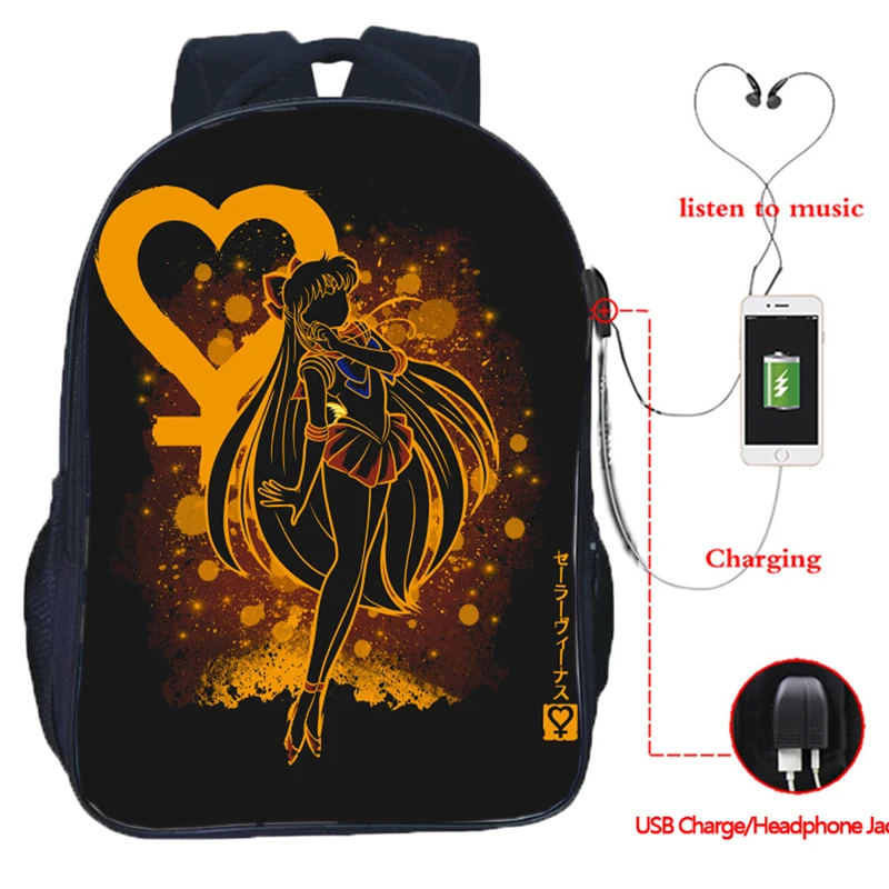 

Beautiful Sailor Moon USB Charge Backpack Student Usagi School Bag Teens Luna Bookbag Boys Girls Mamoru USB Travel Rucksack Gift