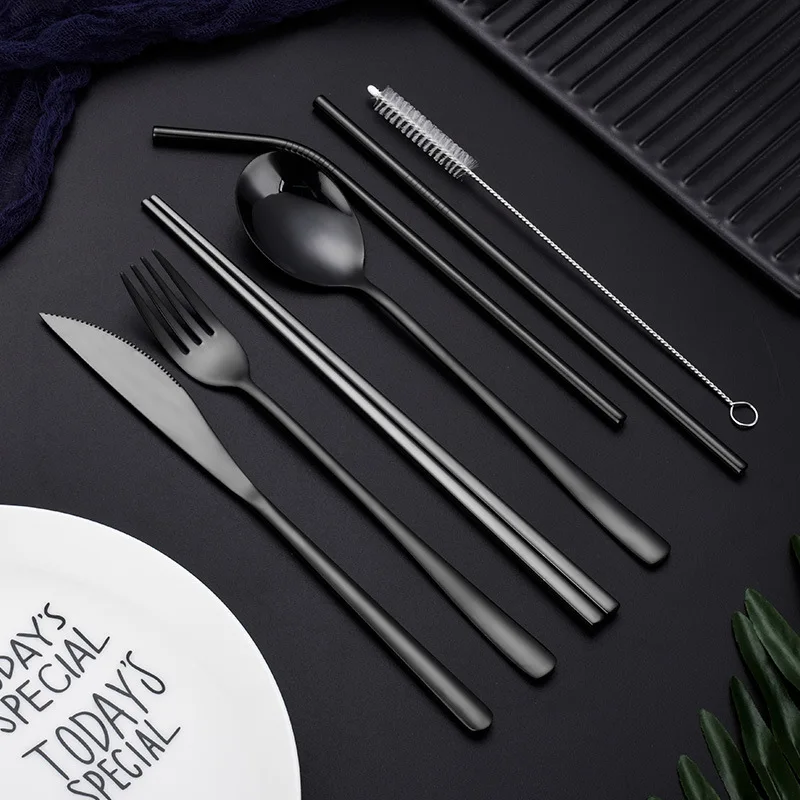 Black 7-piece Set Портативные многоразовые столовые приборы для путешествий, набор из нержавеющей стали 304, вилка, ложка, палочки для еды, набор соломенных кистей, радужные столовые приборы с мешочком - Цвет: Black 7-piece Set