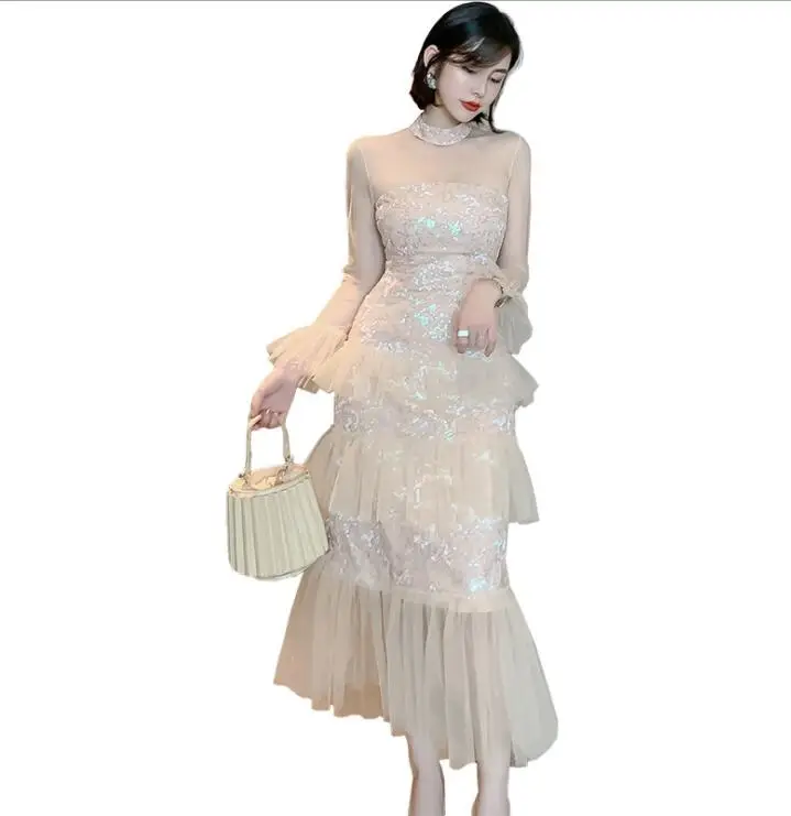 

Autumn / Fall Elegant Fashion Ladies Midi Dress Sexy Perspective Mesh Patchwork Sequin Party Dress Vestidos