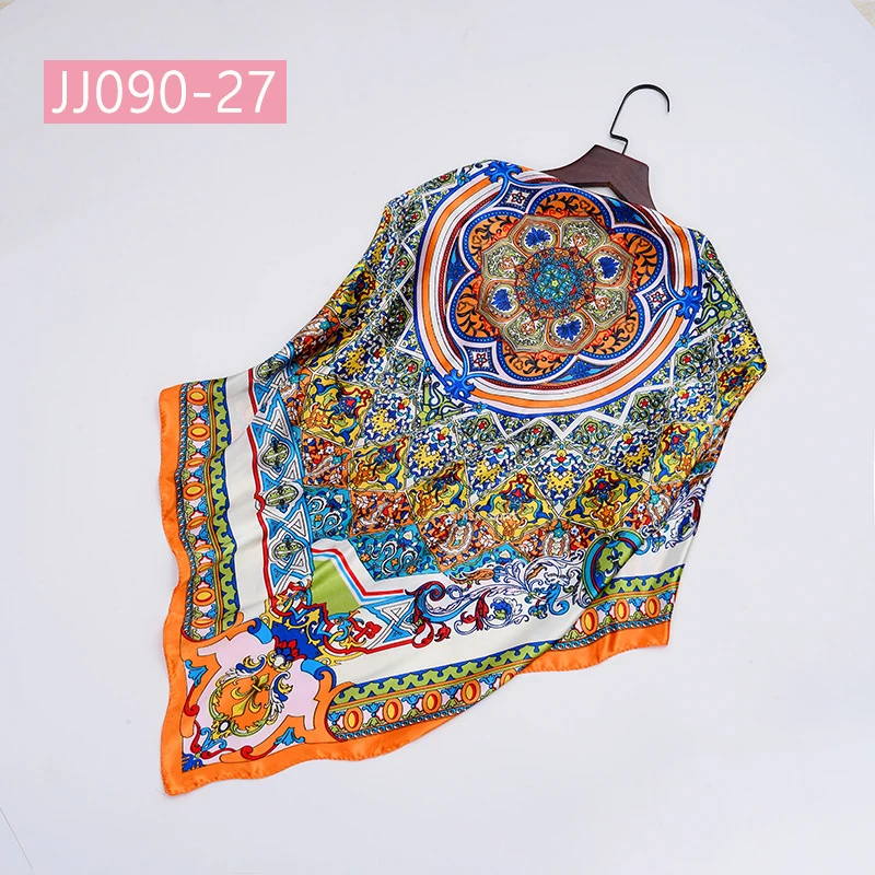 JJ090-27 90*90 см квадратный шарф для женщин, подходит ко всему, элегантные цветочные шарфы для волос, Женская бандана, весна-осень, атласные шелковые шарфы, шаль - Цвет: JJ090-27