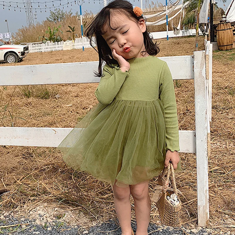Весенне-осеннее Сетчатое платье для девочек трикотажное базовое с длинным