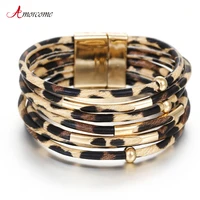 amorcome leopard leather bracelets for women 2022 fashion bracelets bangles elegant multilayer wide wrap bracelet jewelry