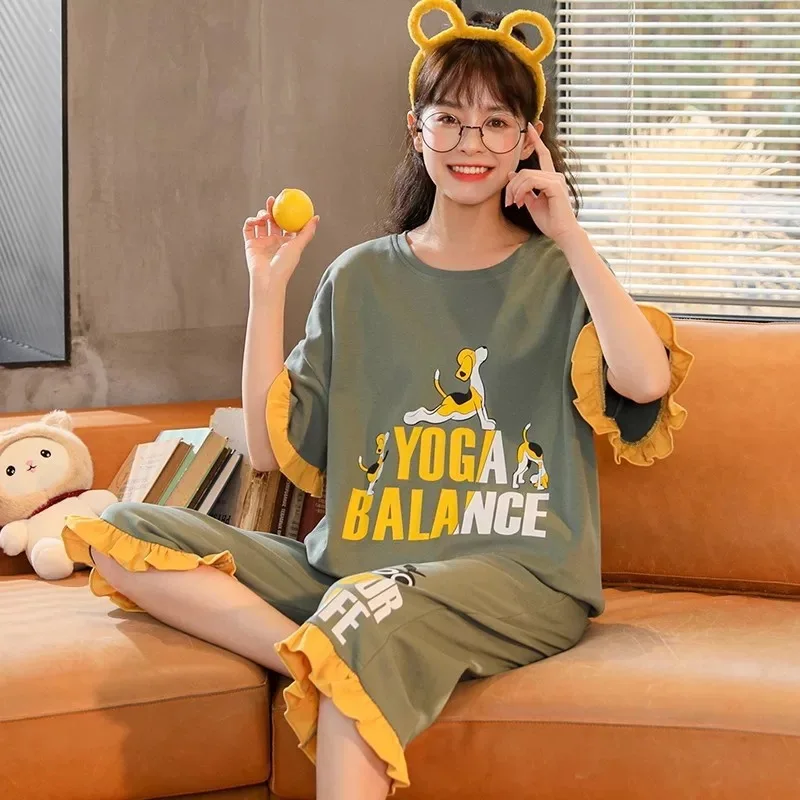 

Pajamas for Women's Summer Short Sleeved Cropped Trousers Korean Version Can Be Worn Outside Pure Cotton Ladies' Home Wear