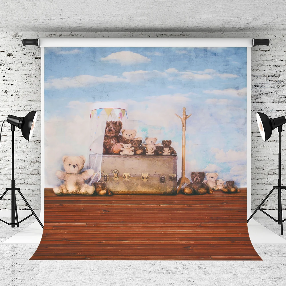 VinylBDS 200x300 см фон для детской фотосъемки Медведь Голубое Небо деревянный