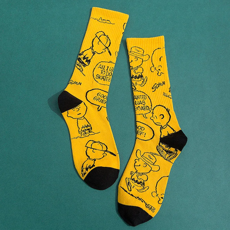 Cartoon yellow PEONFLY, новинка, осенне-зимние носки для мужчин, Harajuku, чёсаный хлопок, счастливые носки, забавные иллюстрации, Calcetines Largos Hombre - Цвет: Cartoon yellow
