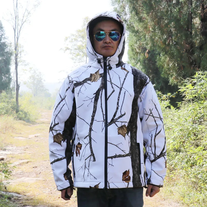 Winter Waterproof Warm Fleece Jacket Outdoor Hunting Fishing Snow White Bionic Camouflage Soft Shell Jacket Windbreaker Male