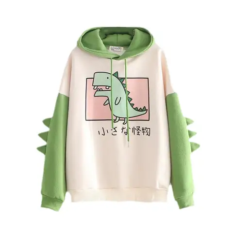 Толстовка Женская с динозавром, Модный свитшот в стиле оверсайз, утепленная кофта в Корейском стиле, повседневный зимний худи с динозавром
