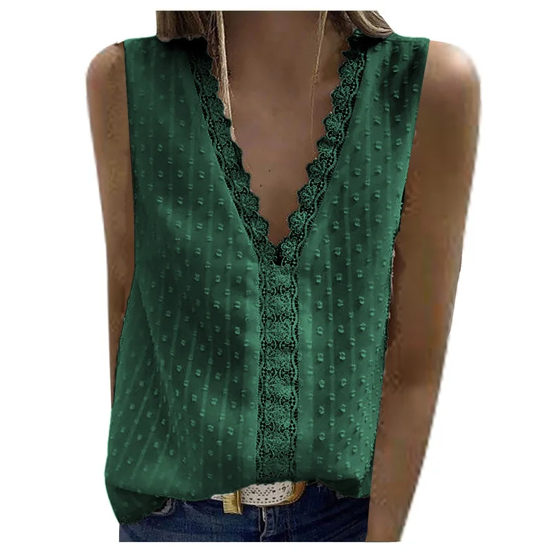 

2021 Summer Women's Blouse Chiffon Elegant V-neck Sleeveless Lace Stitching Chiffon Vest Top Solid Color Blouse Top