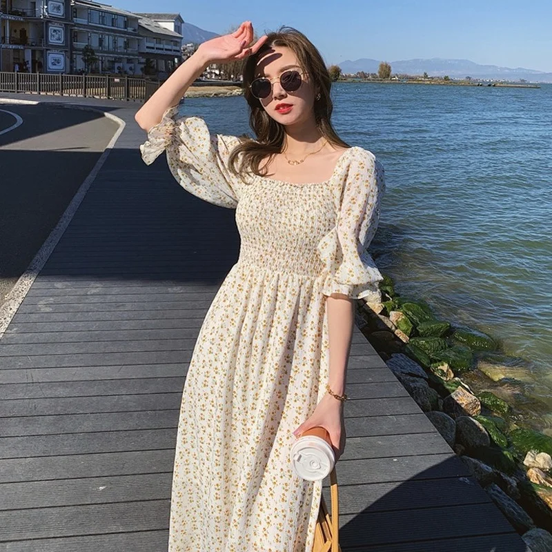 

2021 Summer Fashion Elegant French Style Square Collar Slash-neck Fairy Dresses Women Casual Boho Floral Print Puff Sleeve Dress