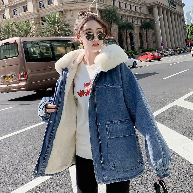Винтажная зимняя утепленная джинсовая куртка оверсайз для женщин 2019 уличная