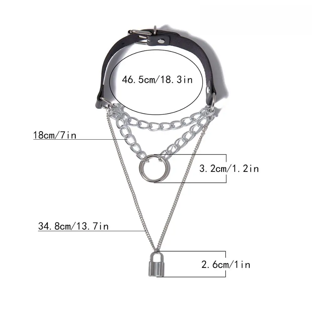 

SHIXIN Gothic Lock Pendant Necklace Punk Multi Layered Chain Choker Collar Goth PU Leather Padlock Chunky Necklace Women Collier