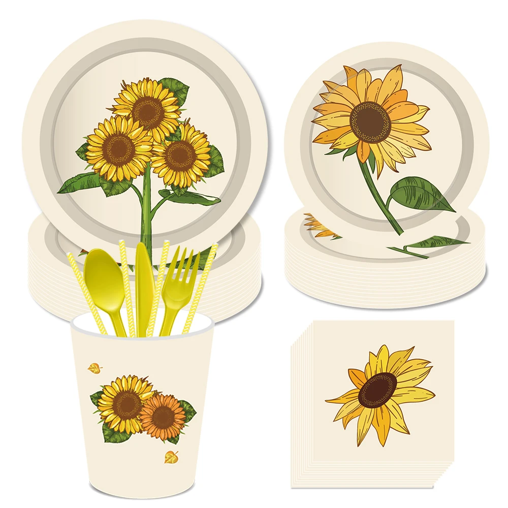 

Sunflower Theme Disposable Tableware Sets Dinner Dessert Plates Happy Birthday Baby Shower Party Decoration Kids Party Favors