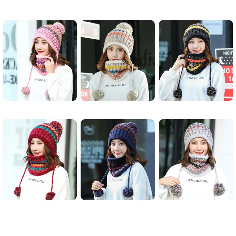 

Newly 2pcs Women Knitted Wool Scarf and Beanie Hat Hair Ball Cap Set Warm Winter Scarves