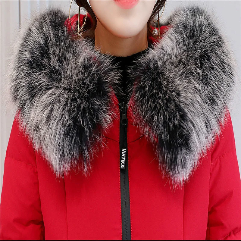 

Winter Coat Female Fashion Thick Women's Down Jacket + Real Fox Fur Collar Red Slim Long Warm Duck Donw Jackets 12120