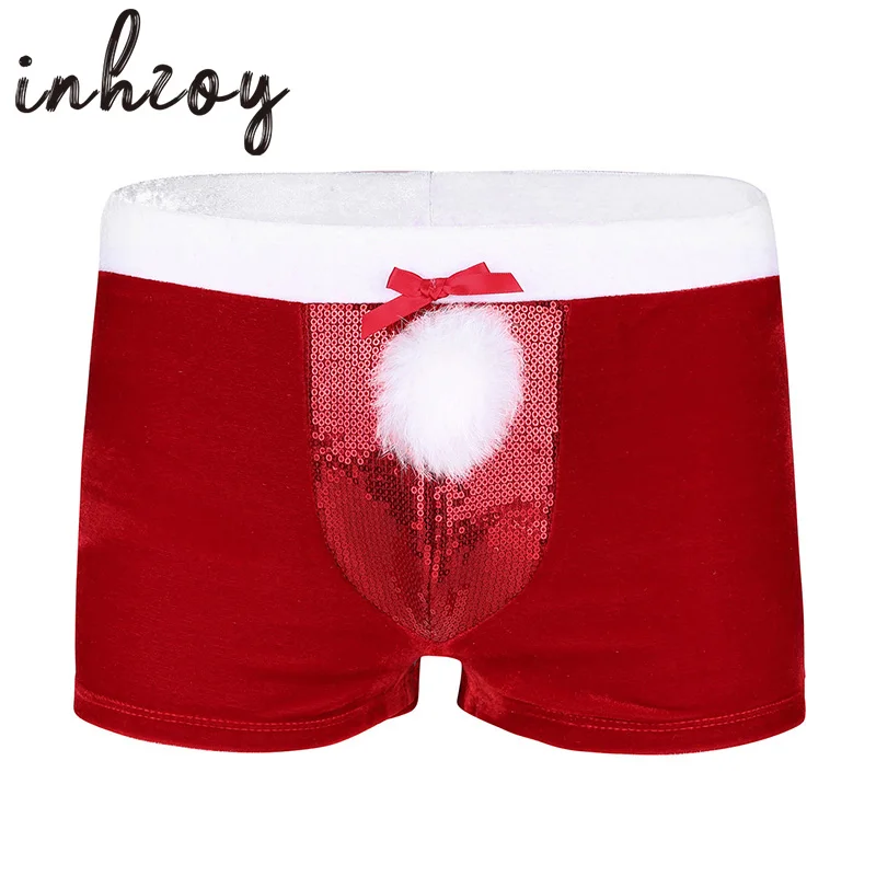 

Men Shiny Sequins Velvet Red Boxer Shorts Underpants for Male Sexy Panties Xmas Cosplay Party Festival Rave Christmas Underwear