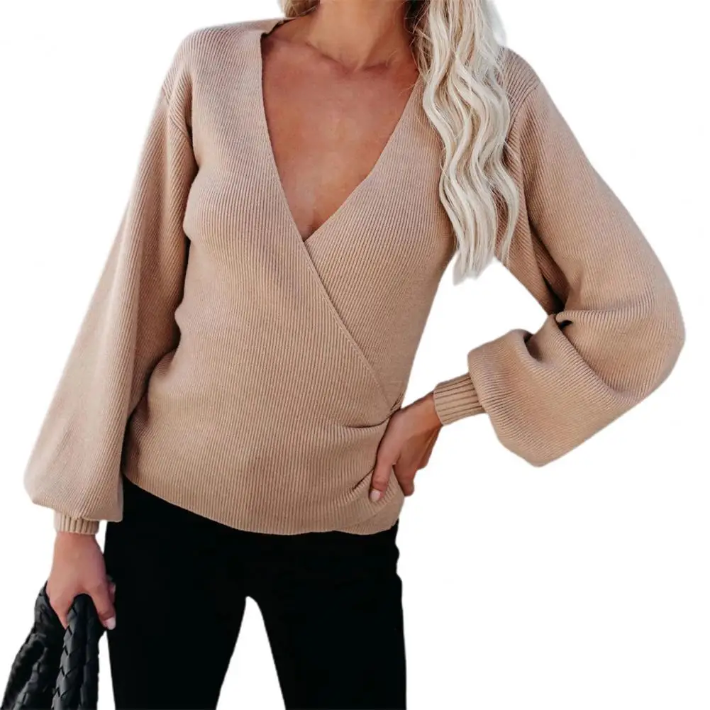 

Women Fashion Sexy Blouse Deep V-neck Lantern Sleeve Knitted Autumn Solid Color Top for Daily Streetwear Wear