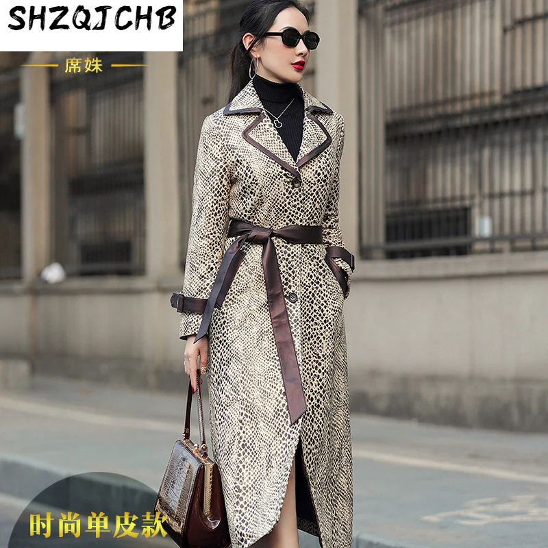 

SHZQ, Новинка осени 2021, ветровка из овечьей кожи, Женская облегающая модная кожаная куртка средней и длинной длины с принтом