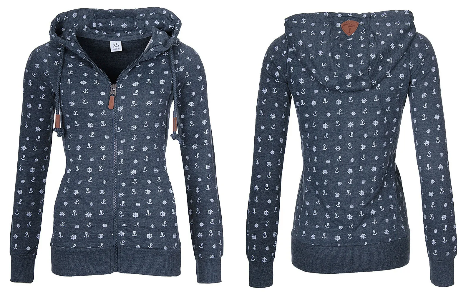 

NEW Women Hooded Fleeces Oversize Sea Anchor Print Zipper coat Jumper Casual Sweatshirt Tops Autumn long sleeve hooded sw