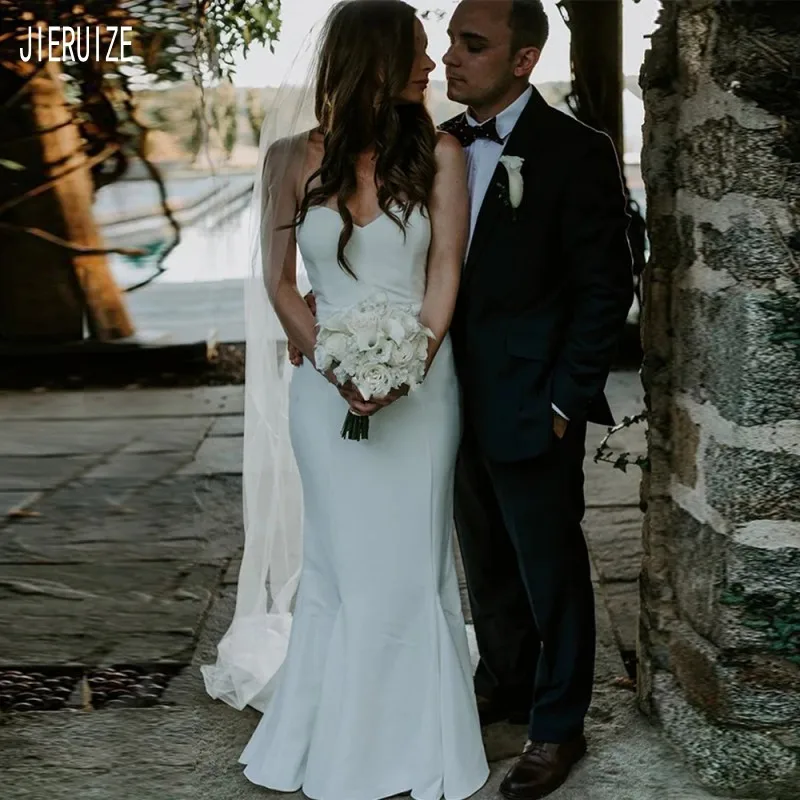 

JIERUIZE New Mermaid White Satin Wedding Dresses Sweetheart Backless With Zipper Bridal Dresses Sleeveless vestido de noiva