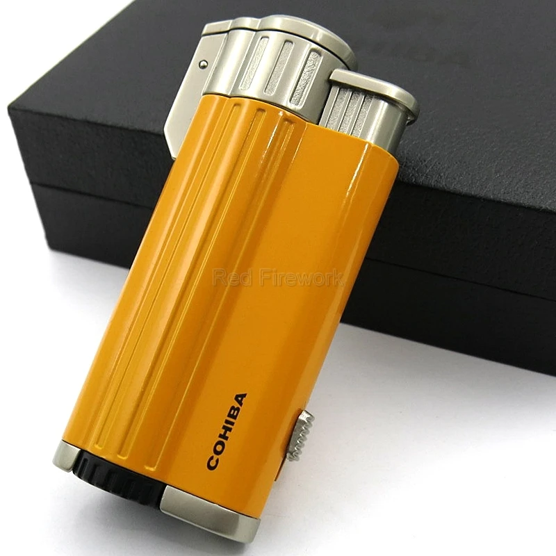 COHIBA курительные гаджеты, металлические ветрозащитные многоразовые зажигалки для сигарет, 3 фонарь, Высококачественные Зажигалки для сигар с подарочной коробкой